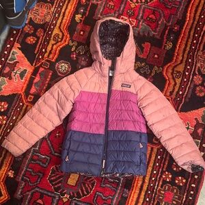 Patagonia Kids color block reversible hooded puffer Jacket in Pink and Purple